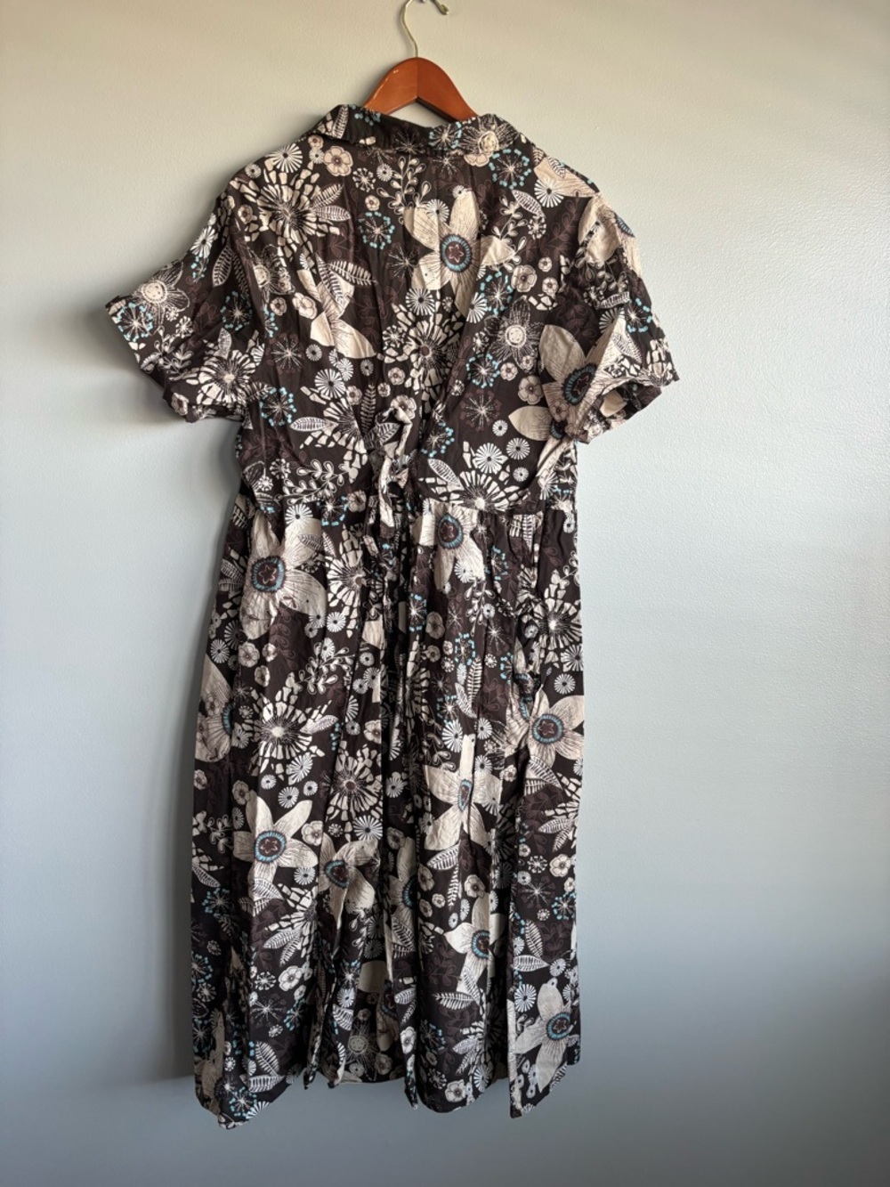 Serengeti Brown Tan Floral Full Button Short Sleeve Cotton Collar Midi Dress 2X - Picture 4 of 8